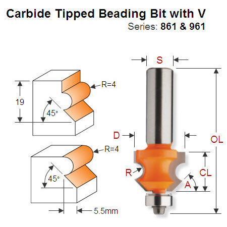 4mm Radius Premium Quality Corner Beading Bit with V Groove 961.601.11
