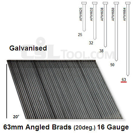 Box of 2000 16 Gauge Angled Galvanised Brads (20 degree) 63mm Long