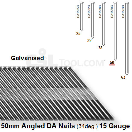 Box of 4000 15 Gauge Angled Galvanised DA Nails (34 degree) 50mm Long
