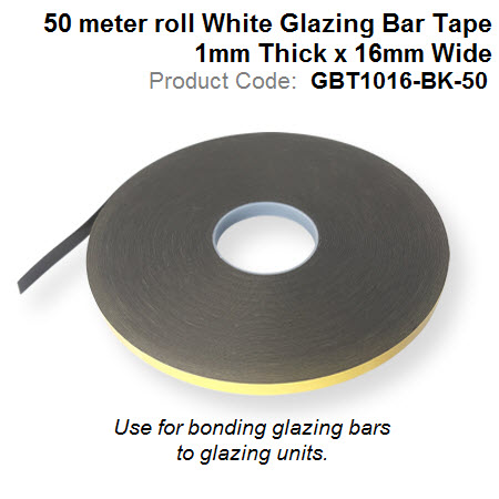 50 meter roll Black Glazing Bar Tape 1mm Thick x 16mm Wide GBT1016-BK-50