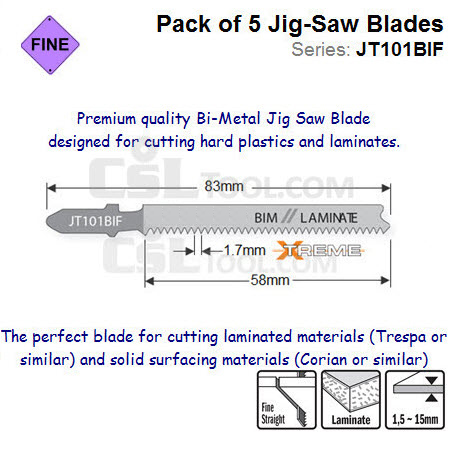 Pack of 5 Jig Saw Blades for Cutting Hard Plastics such as Trespa and Corian JT101BIF-5