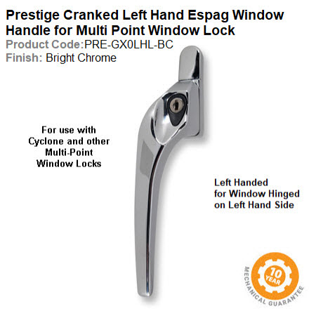 Prestige GX0 Cranked Window Espag Handle Left Hand Locking Bright Chrome Finish