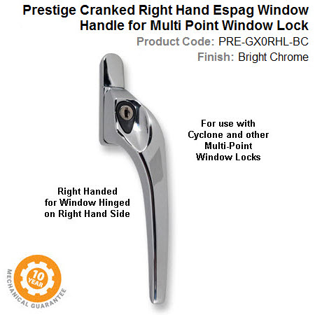 Prestige GX0 Cranked Window Espag Handle Right Hand Locking Satin Chrome Finish