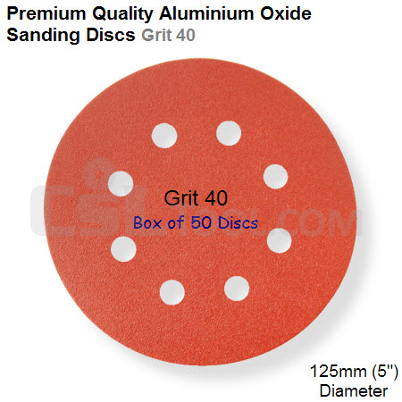 Box of 50 Velcro Backed 125mm Diameter 40 Grit 8 Hole Sanding Discs
