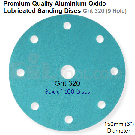 Box of 100 Velcro Backed 150mm Diameter 320 Grit Lubricated 9 Hole Sanding Discs