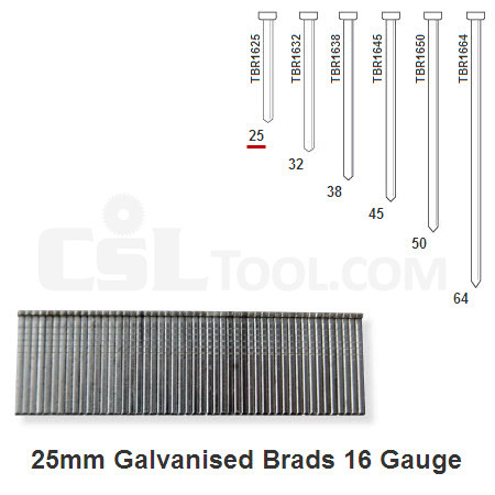 Box of 2000 16 Gauge Galvanised Brads 25mm Long