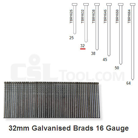 Box of 2000 16 Gauge Galvanised Brads 32mm Long