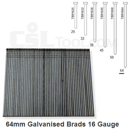 Box of 2000 16 Gauge Galvanised Brads 64mm Long