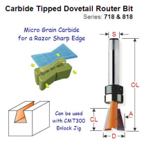Bearing Guided Dovetail Router Bit for Enlock Jig 718.127.11B