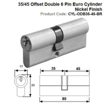 35/45 Offset Double 6 Pin Euro Cylinder Nickel Finish