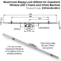 Mushroom Espag Lock 800mm Long for Casement Window with 2 Cams and 22mm Backset