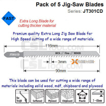 Pack of 5 Jig Saw Blades for Fast Cutting Solid Wood and Wood Panel Material JT301CD-5